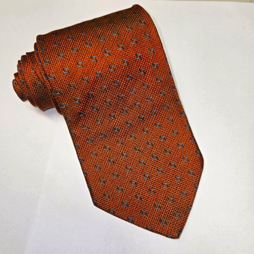 Original EMIDIO TUCCI Dark Orange With Tiny Blue Pattern Neck Tie. 100 % Silk.